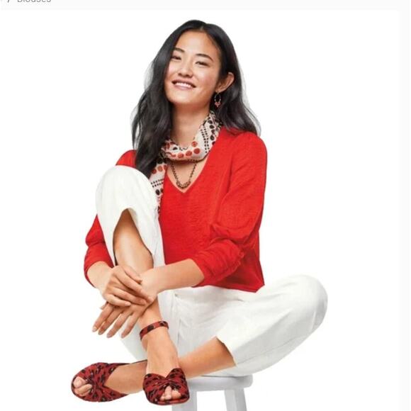 CAbi Aurora Vermillion Bright Red Ruched Sleeved V-Neck Blouse - SIZE M - Picture 3 of 8